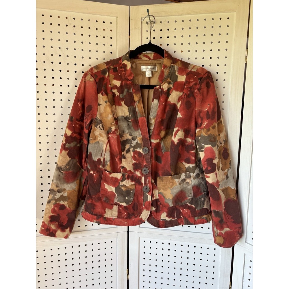 Christopher and Banks Fall Floral 3 Button Blazer Jacket Orange Brown Medium